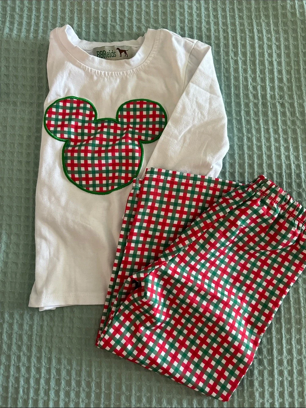Kids Mickey Mouse appliqué  Set with Red & Green Plaid